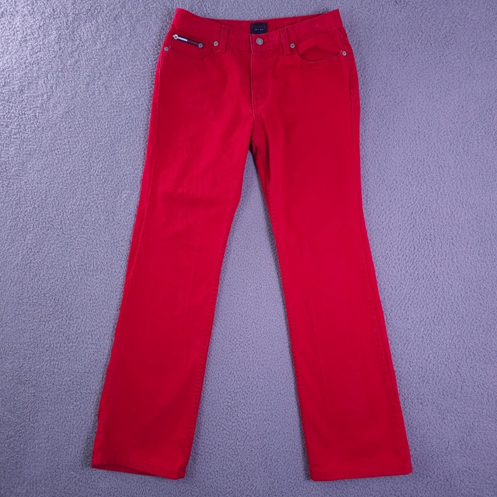 Vintage Y2K Tommy Hilfiger Jeans Women 9 Red Denim Straight Leg Cotton Flag Logo